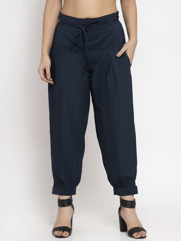 All Purpose Navy Blue Crop Pants with Smart Fit