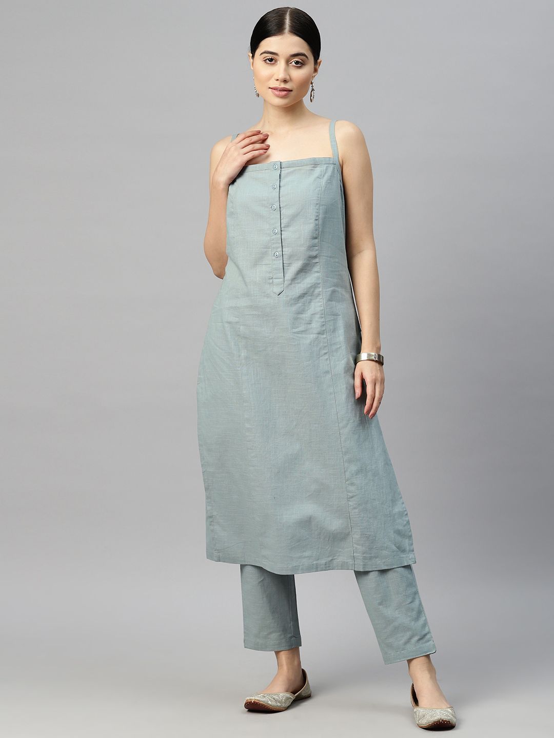 Pure Cotton Olive Strappy Kurta with Pants