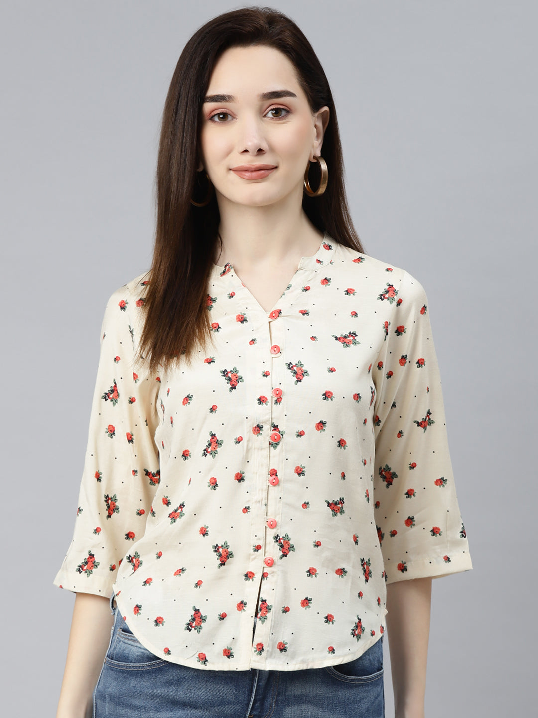 Ayaany Women Collared Front Open Cream Shirt 