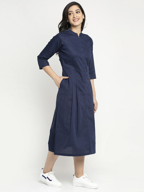 Ayaany Women Blue Linen Pleated Dress with Pockets
