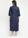 Ayaany Women Blue Linen Pleated Dress with Pockets