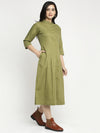 Ayaany Women Olive Linen Pleated Dress with Pockets