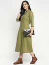 Ayaany Women Olive Linen Pleated Dress with Pockets