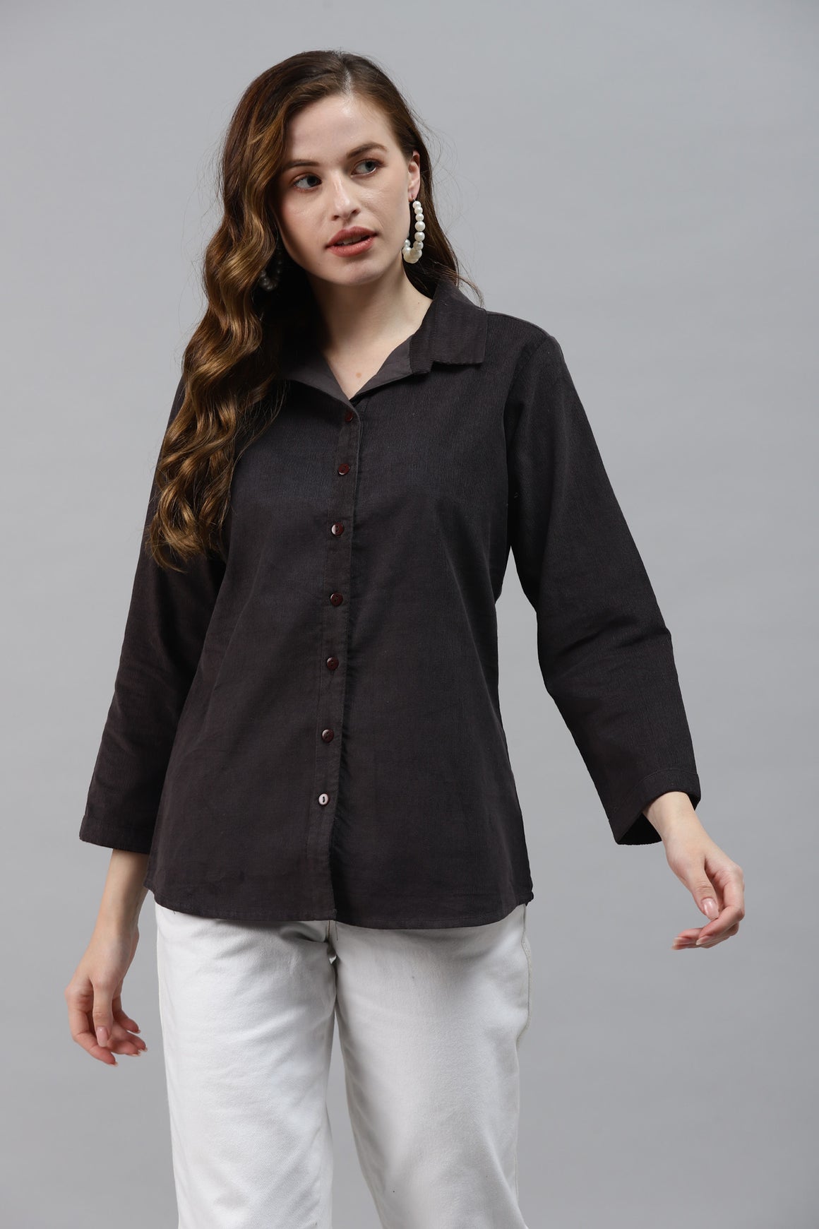 Collared Corduory Shirt Style Black Top