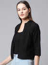 Ayaany Women Collared Front Open Emboidered Black Shrug
