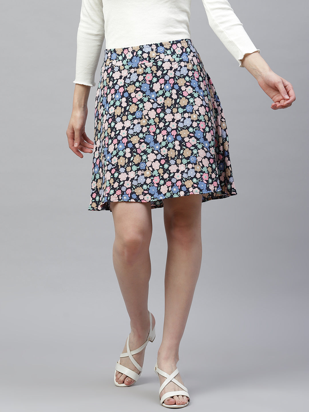 Ayaany Women Blue Printed Floral Cotton Lined Short Skirt