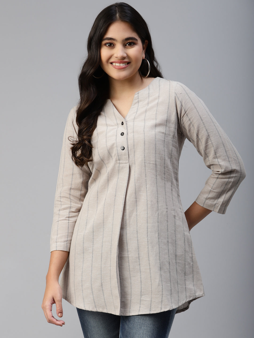 Ayaany Women All Purpose Collared Pleated Beige Tunic
