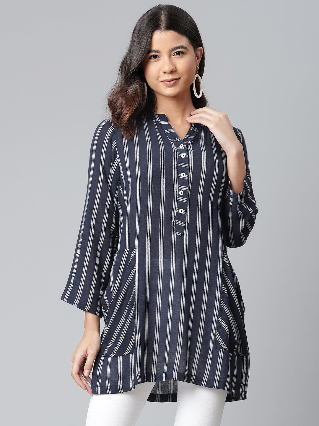 Navy Blue Cotton Tunic With Front Pocket