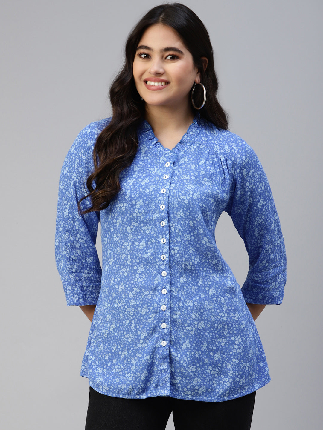 Ayaany Women All Purpose V Neck Frilled Blue Shirt