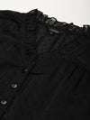 V Neck Frilled Cotton Black Lined Shirt