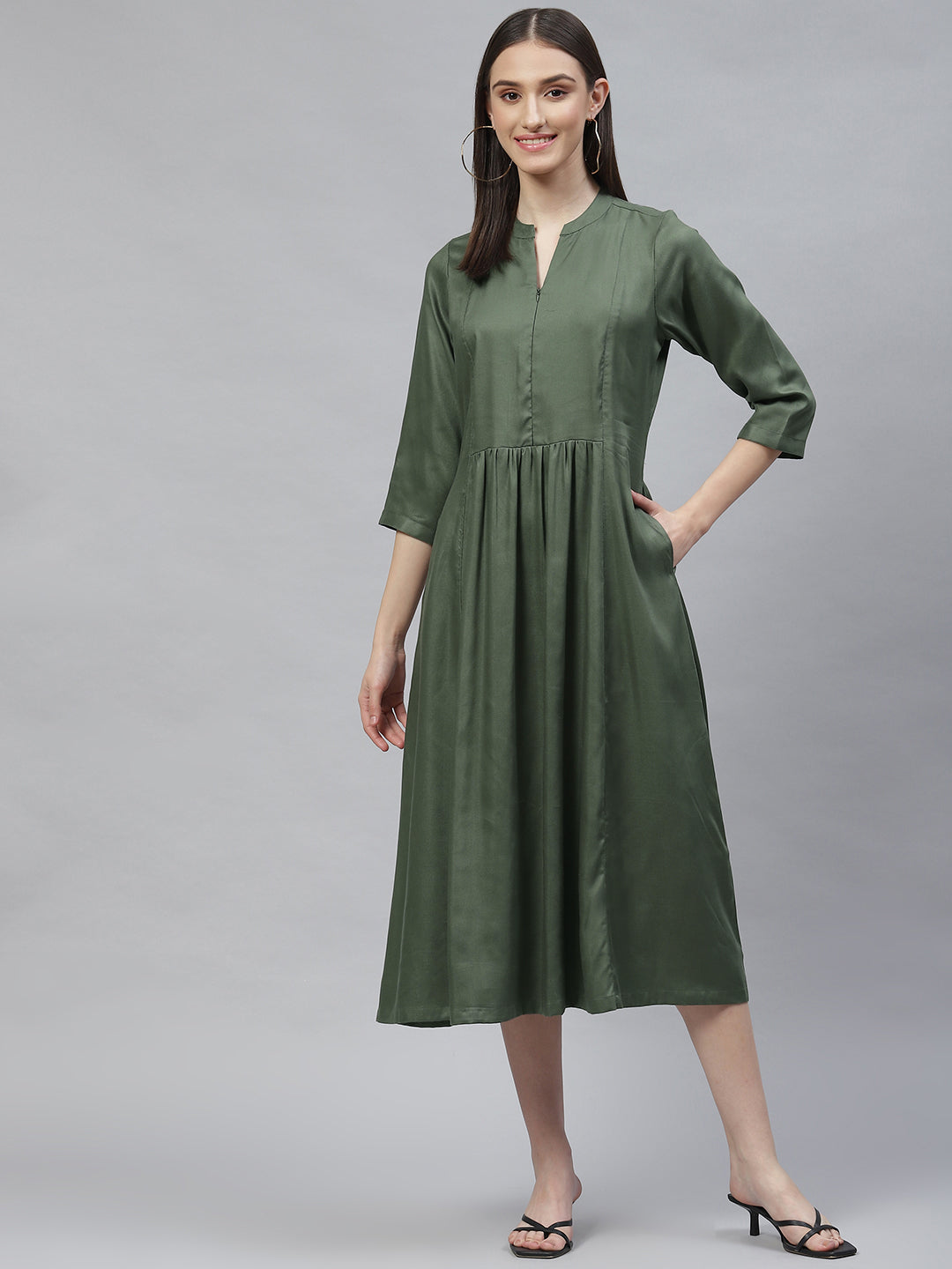 Long Fit Flared Olive Dress