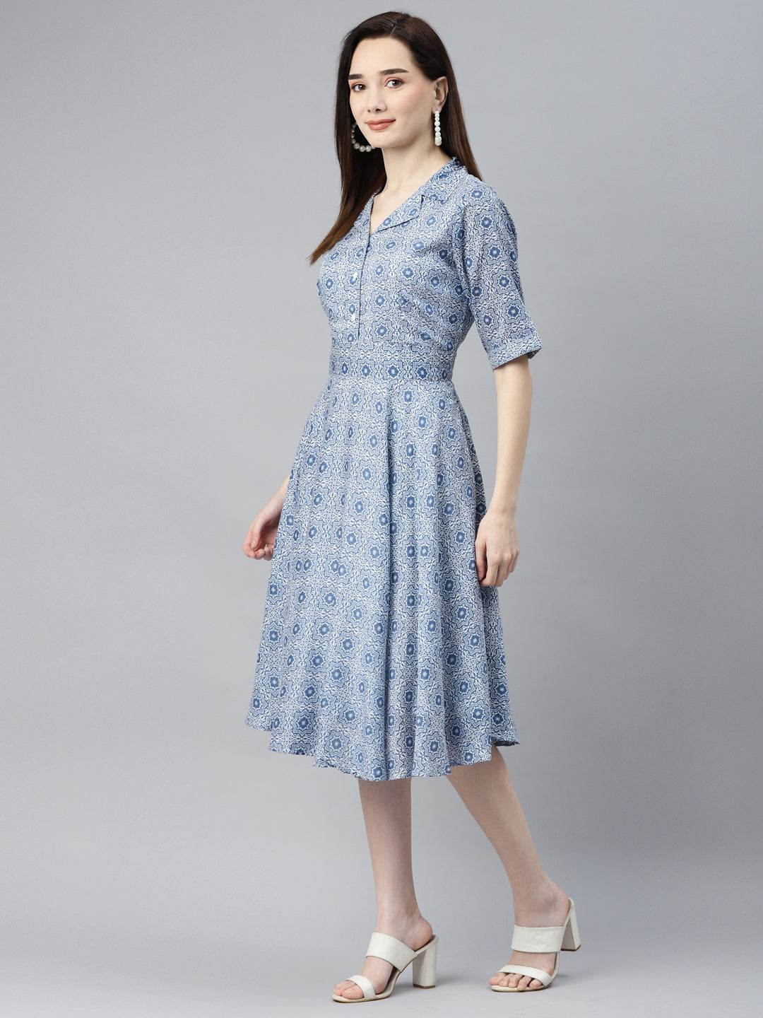 Ayaany Women Collared Flared Blue Dress