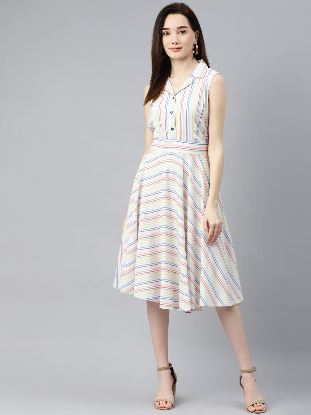 Ayaany Women Collared Flared Offsleeve Cream Dress