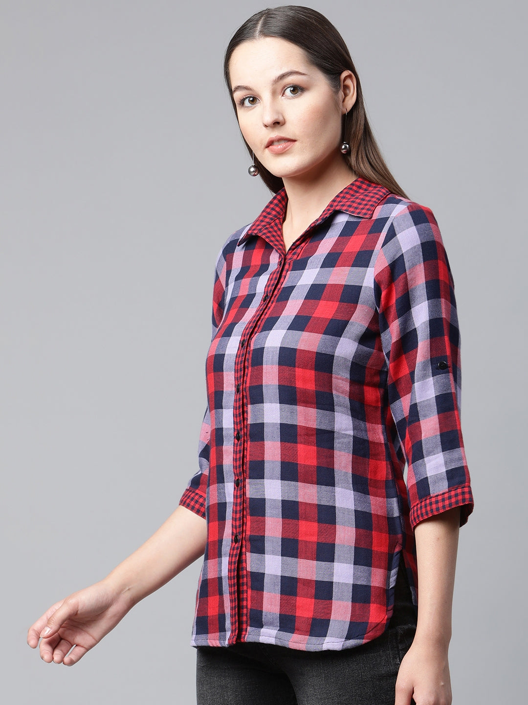 Ayaany Women Double Layer Red Check Shirt