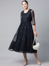 Ayaany Women Flared Tier Cotton Lined Net Partyware Blue Dress