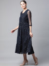 Ayaany Women Flared Tier Cotton Lined Net Partyware Blue Dress