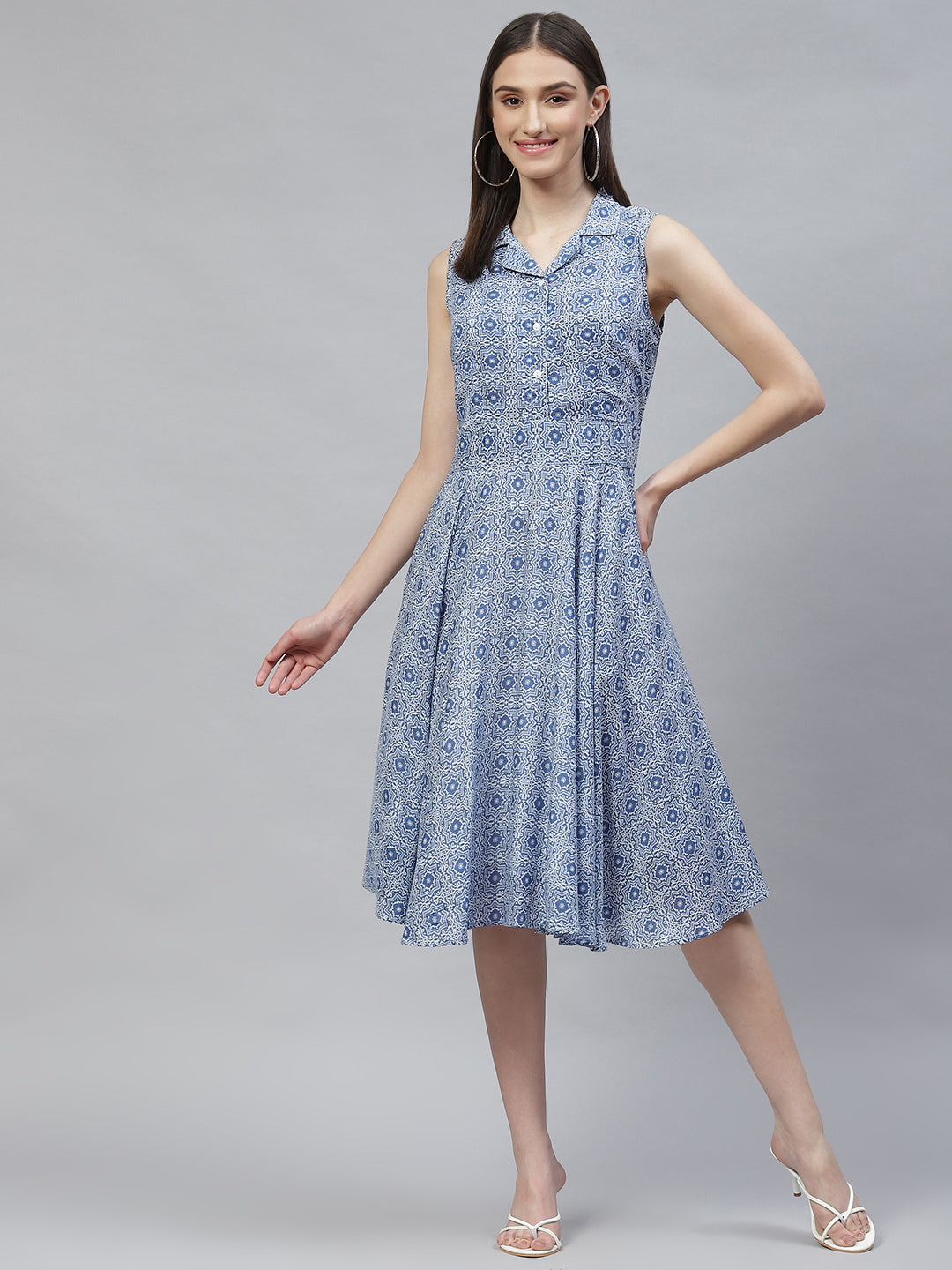 Collared Flared Offsleeve Blue Dress