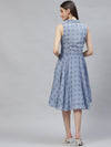 Collared Flared Offsleeve Blue Dress