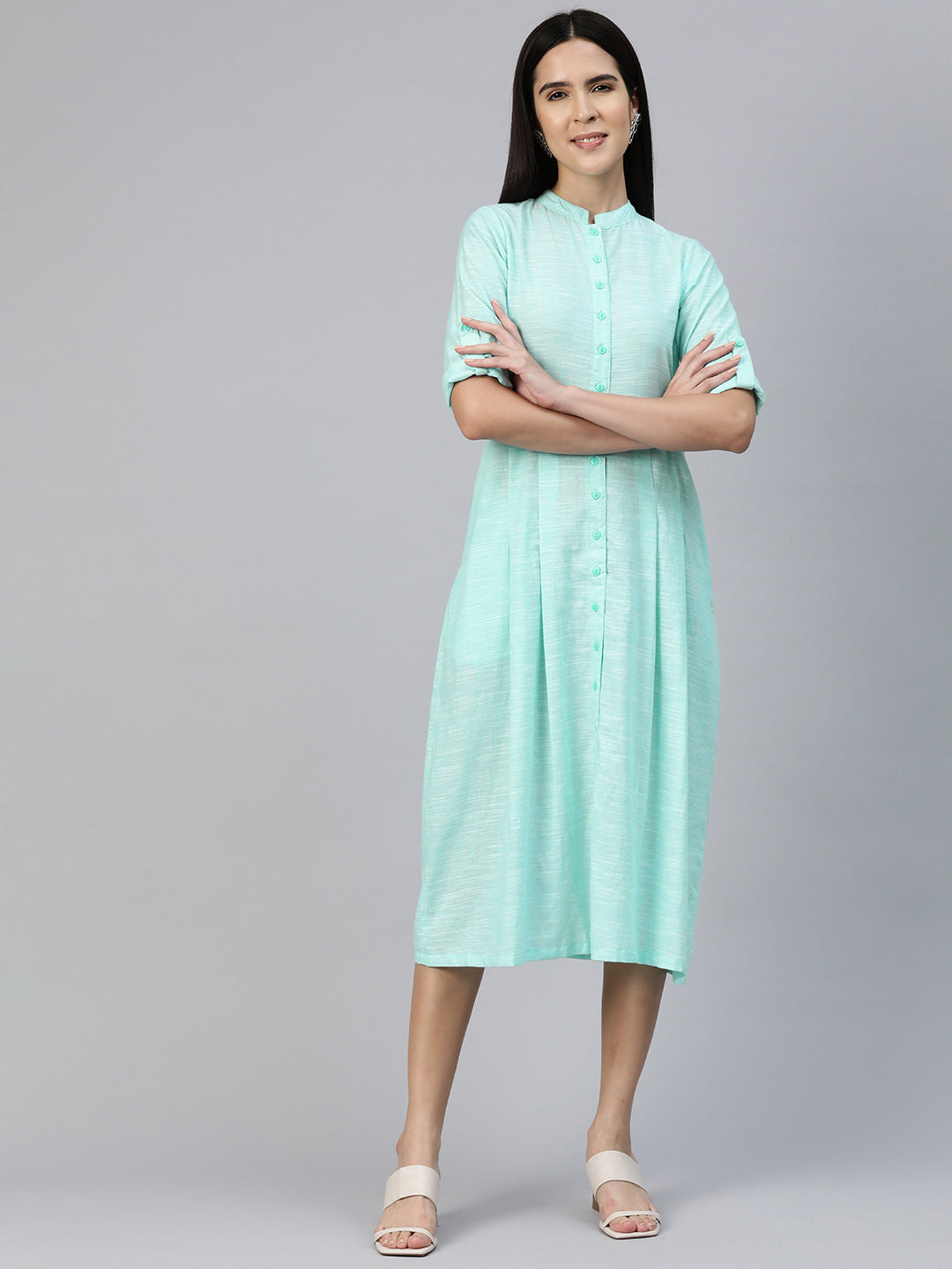 Collared Pleated Light Green Dress