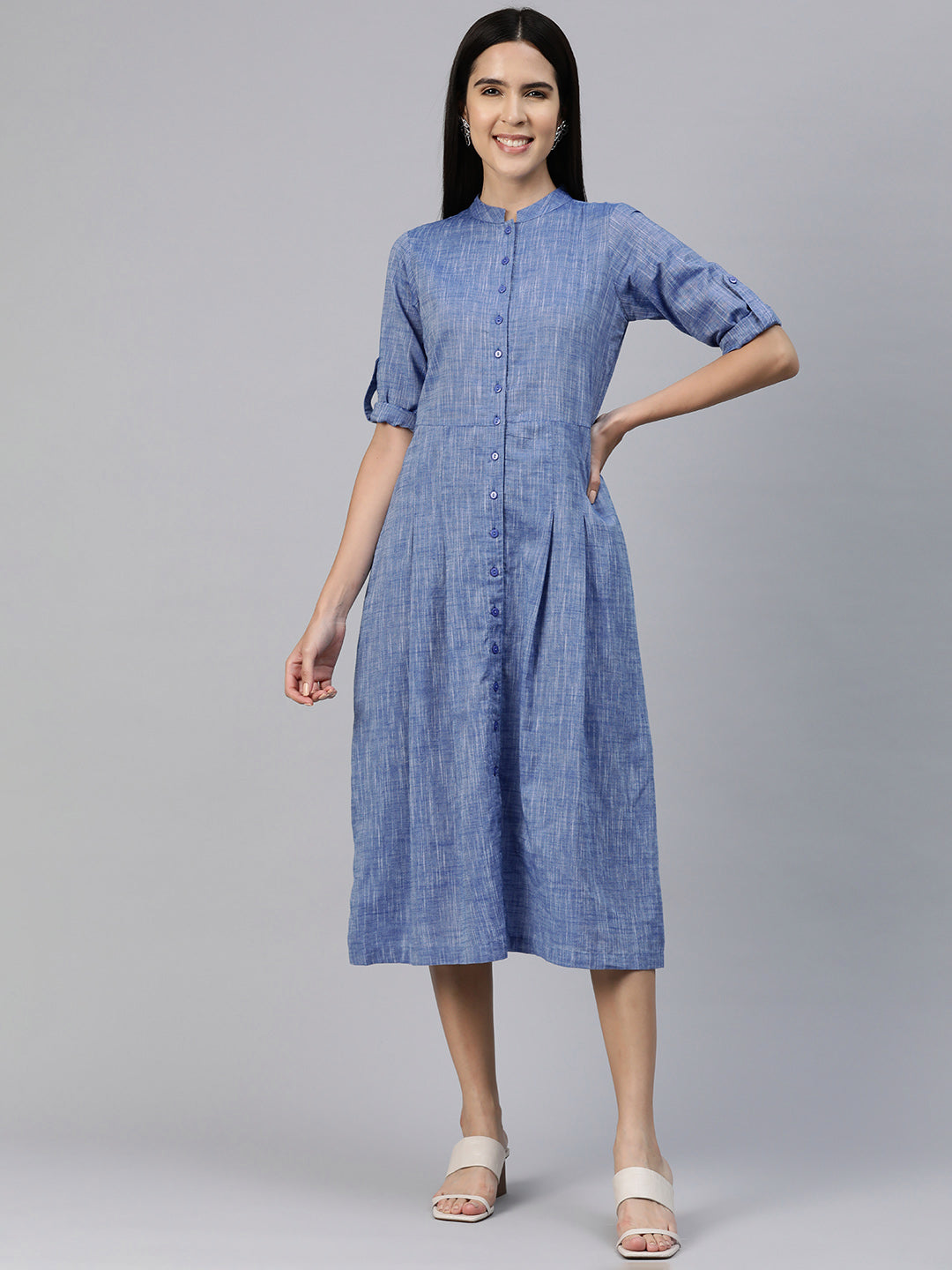 Collared Pleated Blue Dress